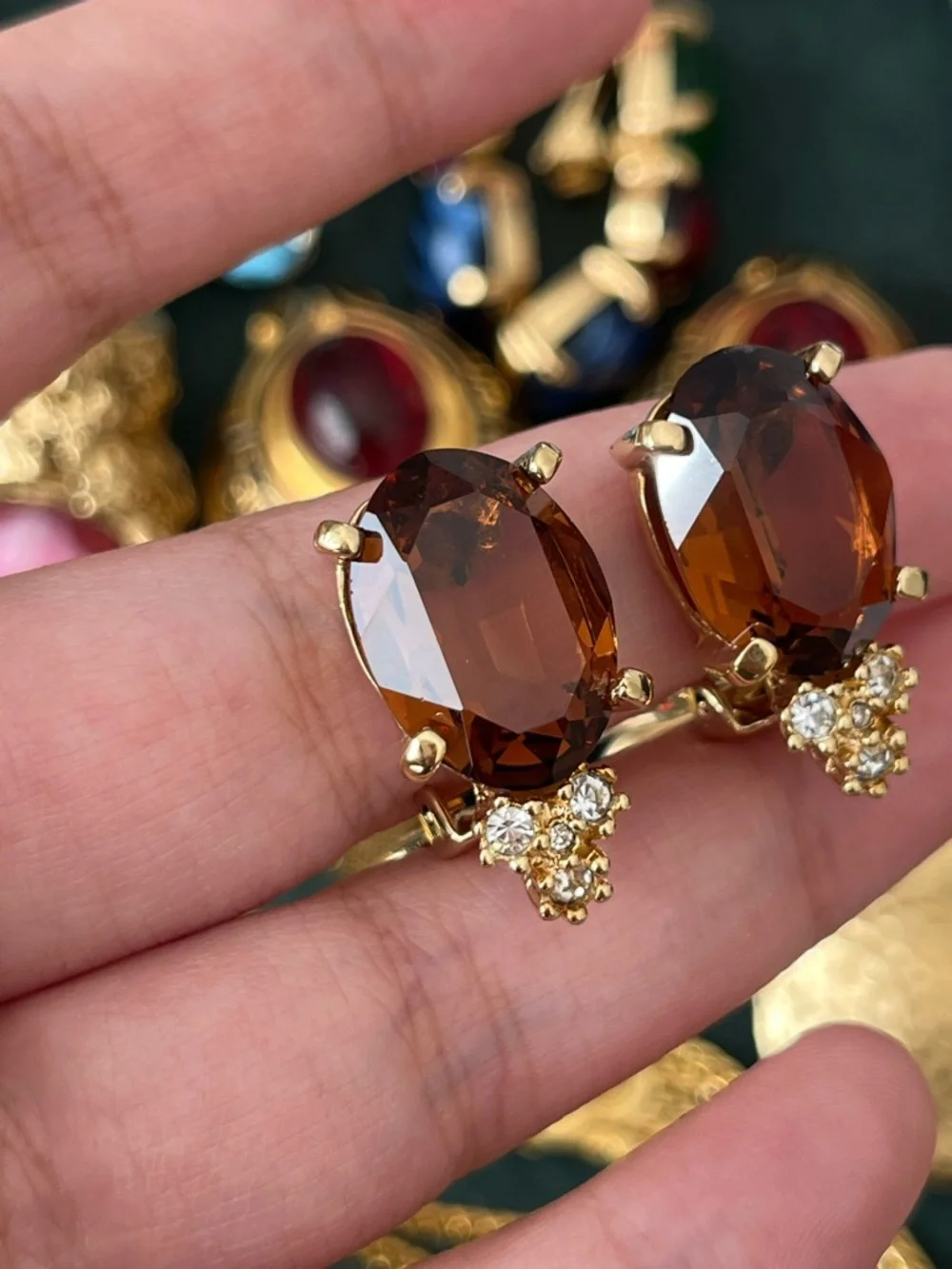 Authentic Vintage Dior Oval Brown Glass Stone Crystal Prong Gold Clip Earrings